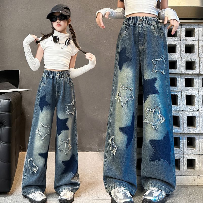 Jeans Larghi Casual con Design a Stelle per Ragazze Adolescenti Bambini Scolareschi per Primavera/Autunno Vita Elastica Pantaloni Dritti alla Moda per Bambini
