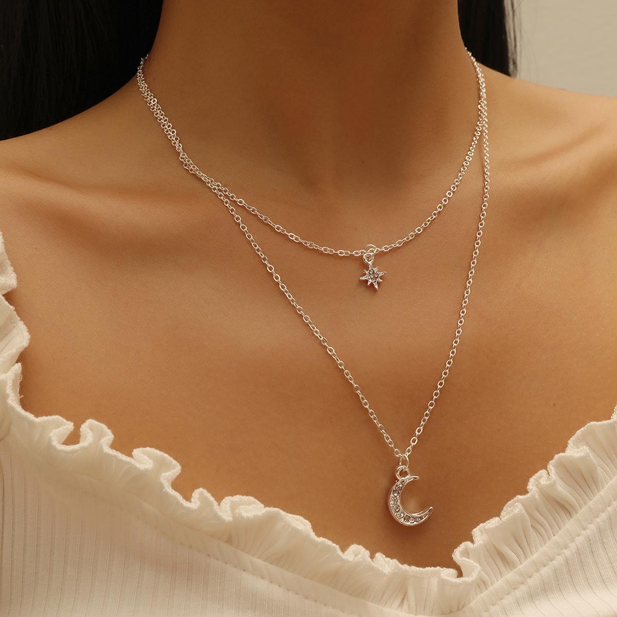 Stylish Double Layer Rhinestone Star Moon Necklace