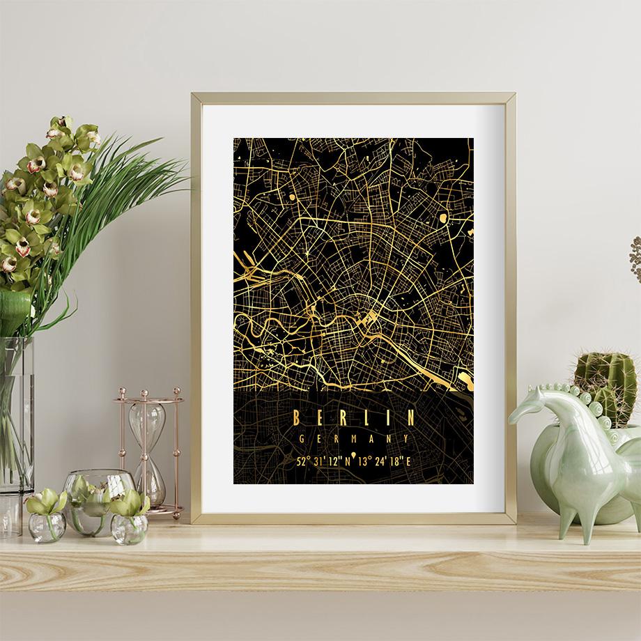 Schwarz Goldene Deutschland Berlin Stadtplan Poster Und Drucke Wand Kunst Leinwand Malerei Dekoration Wandbilder Wohnzimmer Wohnkultur