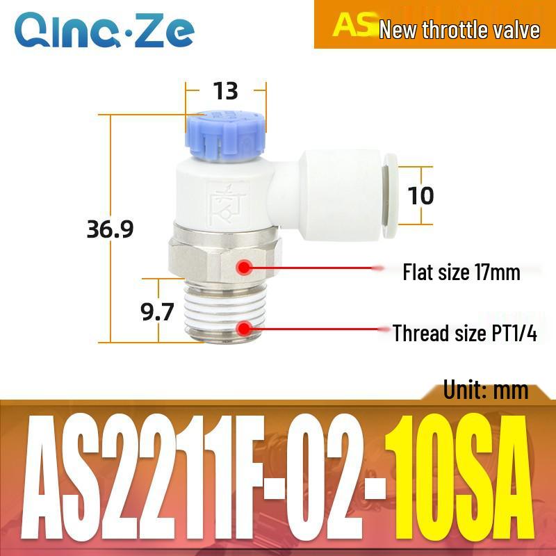 Throttle Speed Control Valve with AS1201F-M5-04A Pneumatic PU Air Hose Connector, Models AS2201F-01-2-06SA/08SA.