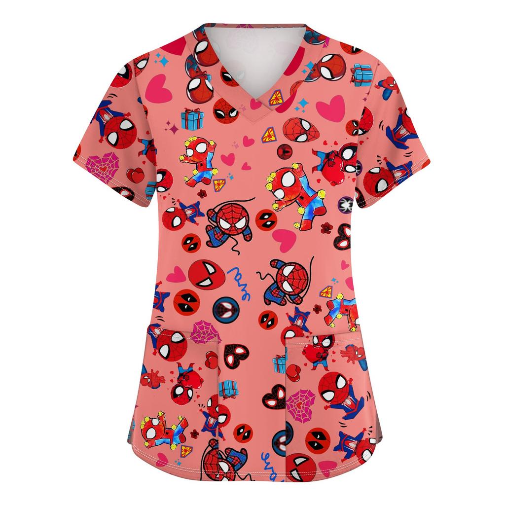 Women's Fashion V-neck Short Sleeve Workwear With Pockets Printed Tops