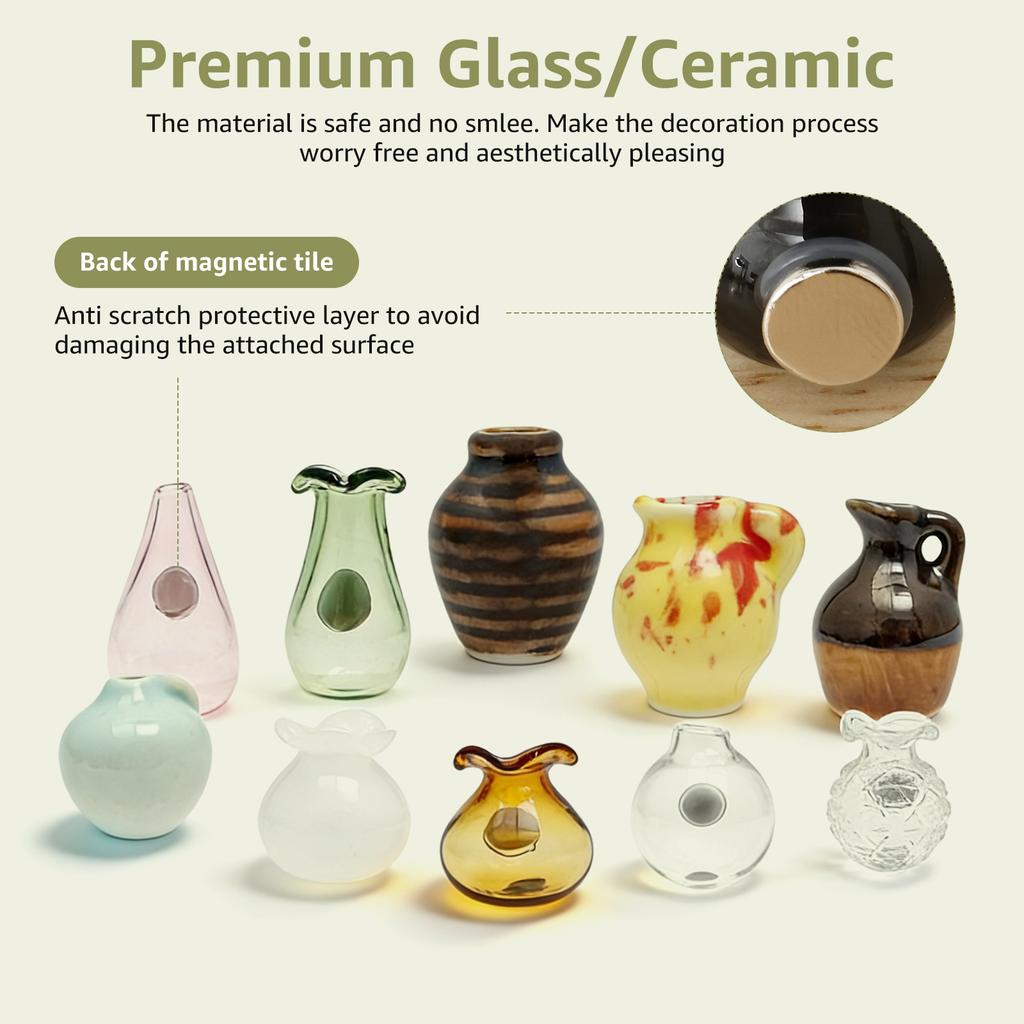 10 Stück Mini-Vase Kühlschrankmagnet Glas Keramik Vase Kühlschrankmagnet Ästhetische Magnete Knospen Pflanzenvasen für Büro und Heimdekoration