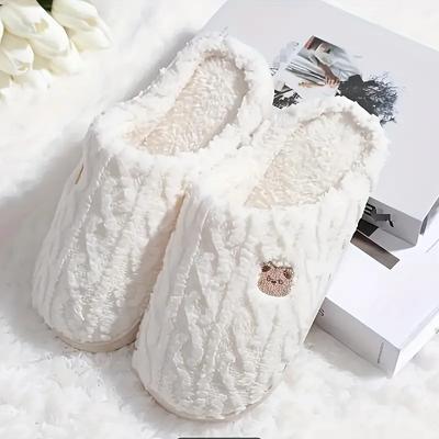Schattig Beer Patroon Pluche Winter Pantoffels, Knusse & Warme Instap Platte Pluizige Schoenen, Comfortabele Huis Slaapkamer Pantoffels