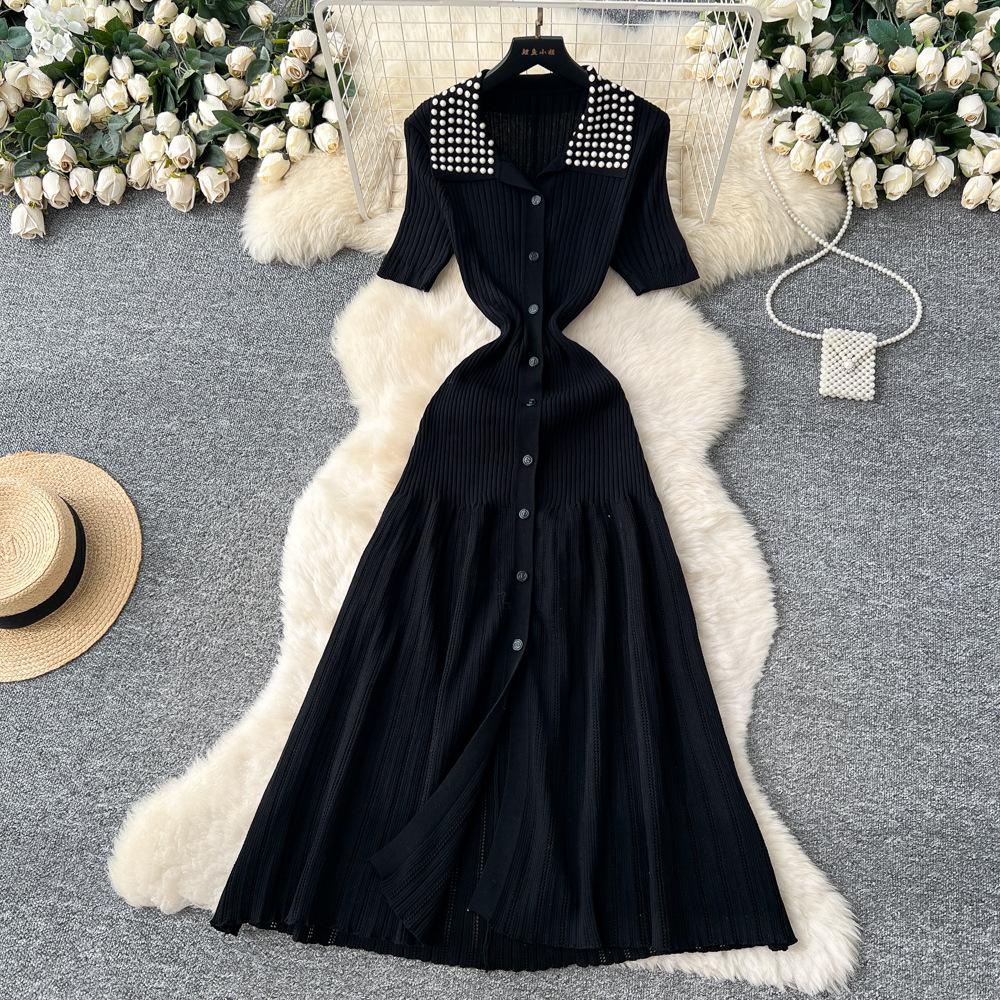 French Retro Foreign Celebrity Heavy Industry Bead Lapel Short Sleeve Single-breasted Waist and Thin Temperament Knitted Dress