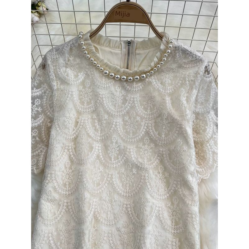 Summer Socialite Beaded Lace Straight-leg Dress Short Sleeve