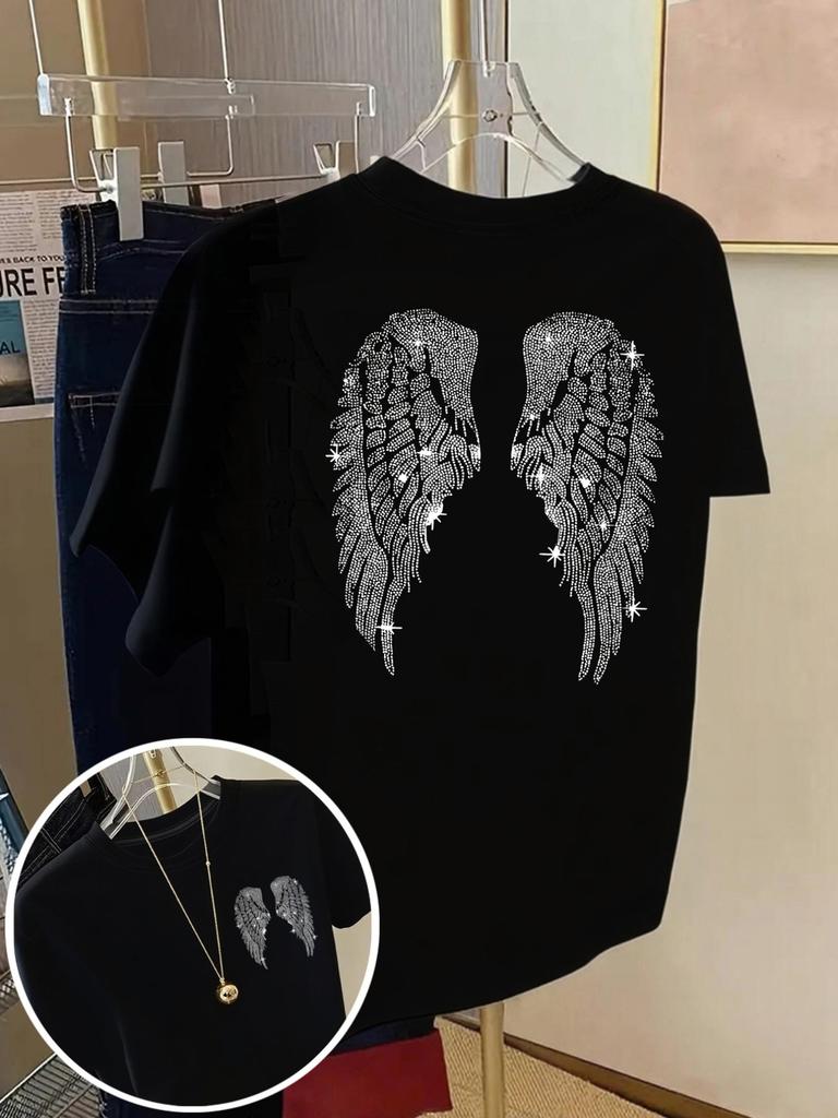 Modne Codzienne Topy T-shirt z Anielskimi Skrzydłami z Dżetami Błyszczący Hotfix Diamentowy Codzienny T-shirt Dwustronny Nadruk WoUnisex T-shirt WoUnisex