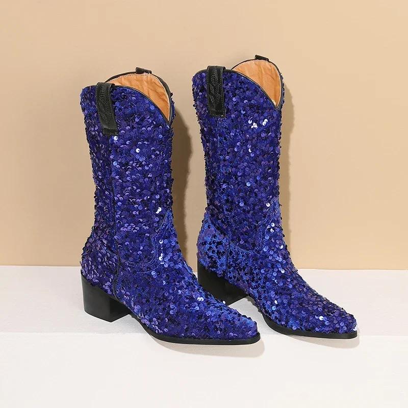 Bling Gold Sequined Cloth Western Cowboy Mid-calf Boots for Women High Block Heel Pointed Toe Cowgirl Slip-on American Half Boot