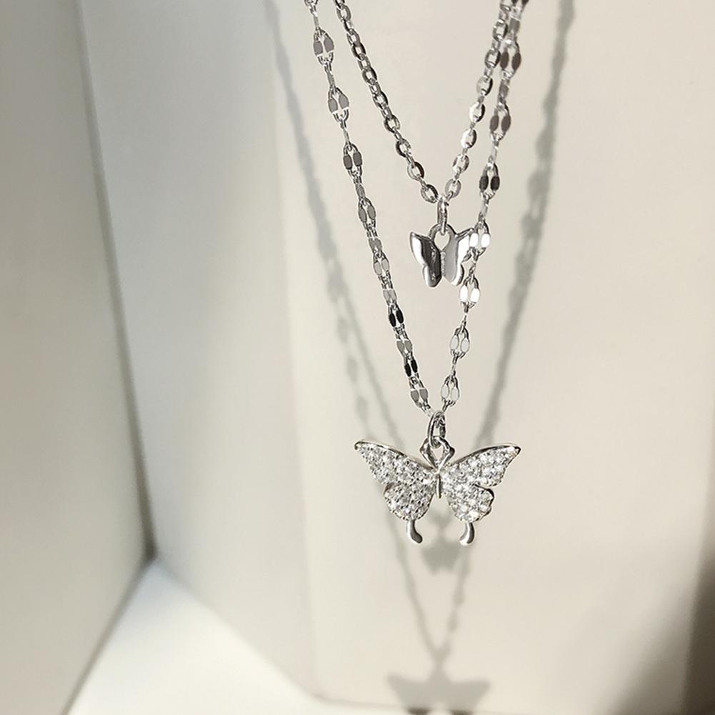 Double Layer Butterfly Pendant Necklace Clavicle Chain Sparkling Diamond Double Layer Alloy Necklace Women Jewelry Gift