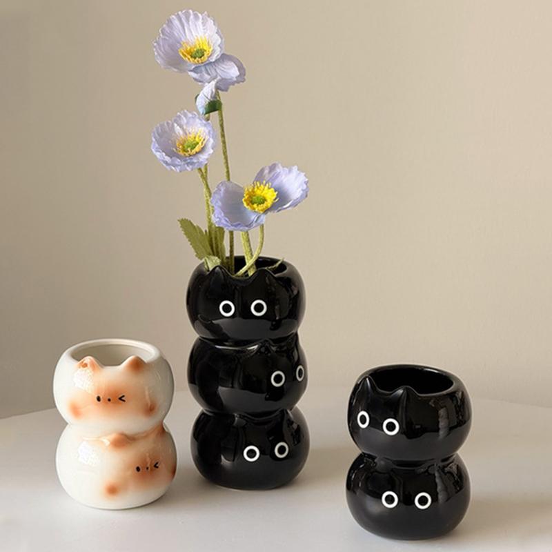 Handmade Cartoon Cat Decorative Flower Arrangement Living Room Floral Art Unique Ceramic Cute Home Decorations