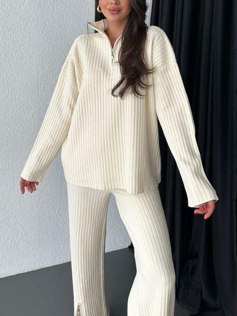 Autumn New Women's Solid Zipper Knit Set High Neck Lounge Pajamas Two Piece Outfit