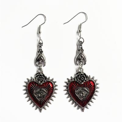 Gothic Punk Silver Color Bat Rose Flower Red Drop Glaze Thorny Heart Devil Eye Dangle Earrings for Women Hallowmas Jewelry Gifts