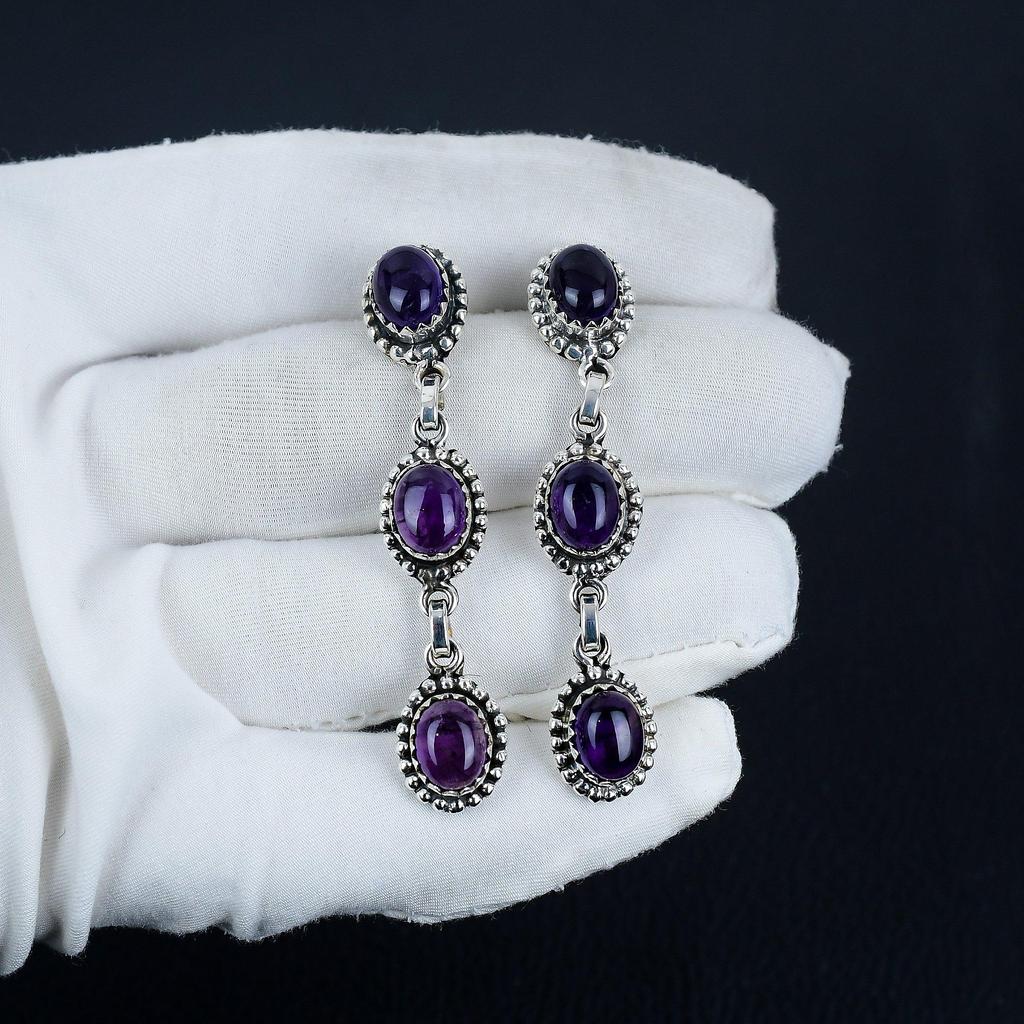 Natural Amethyst Gemstone Earrings, 925 Sterling Silver Earring, Handmade Boho Silver Jewelry Dangle Earrings, Birthday Gift For Love