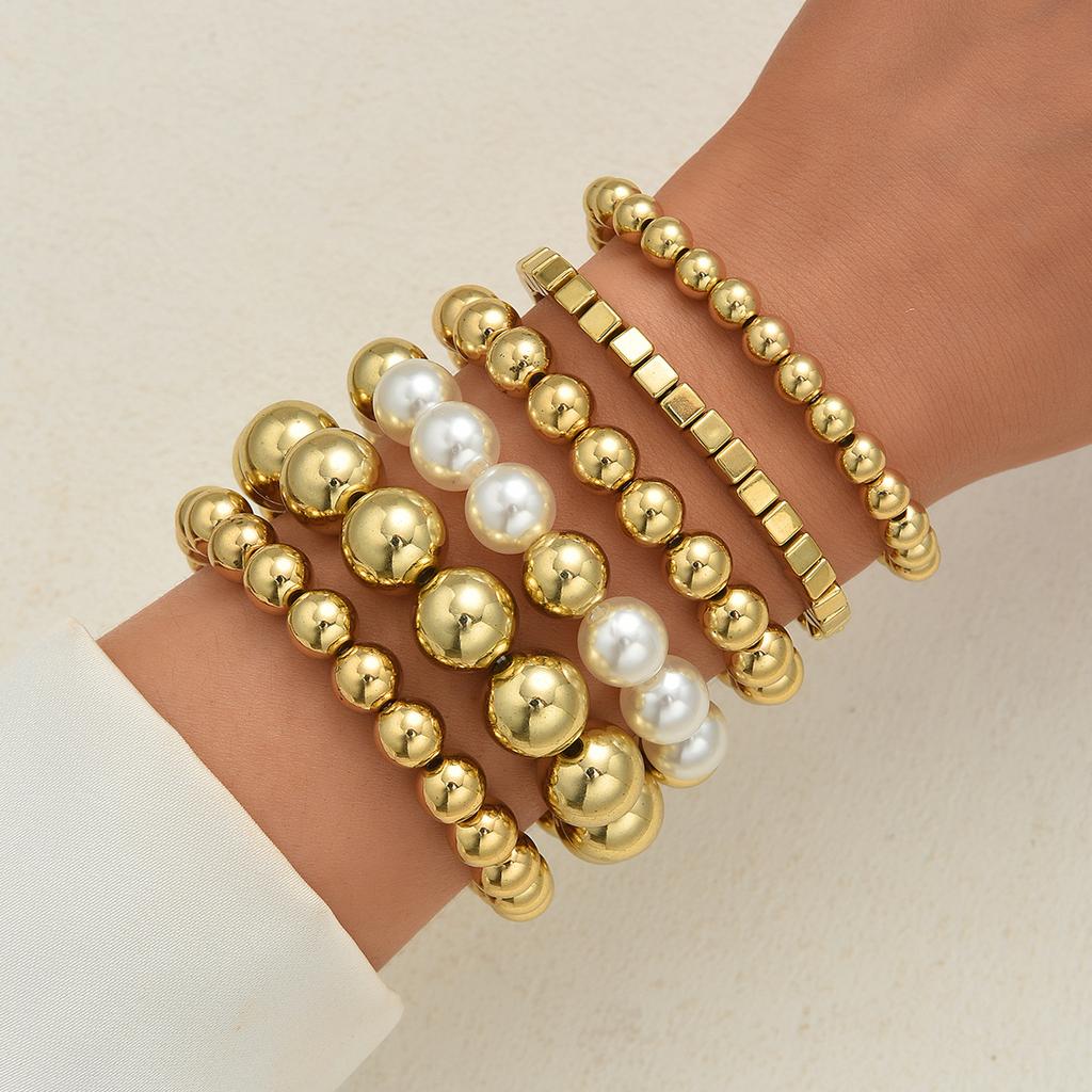 6Pcs/Set Fashion Gold Color CCB Bead Bracelets Vintage Imitate Geometric Bracelet For Women Daily Wear Jewelry