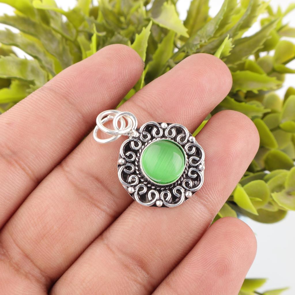 Green Cat's Eye Gemstone Jewelry, 925 Solid Sterling Silver Pendant, Handmade Meditation Pendant Gift for Creating