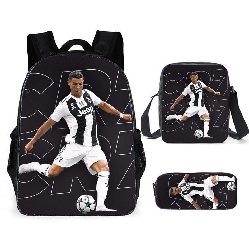 Sac à dos scolaire imprimé Messi pour étudiant Sac à dos Satchel C Luo pour Neymar Ensemble trois pièces