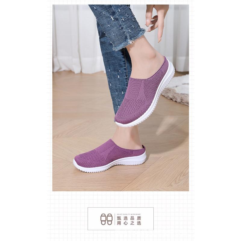 Women's Plus Size Half Slippers, Flying Woven Shallow Mouth Slip On Shoes, Breathable Casual Daily Ladies Flats