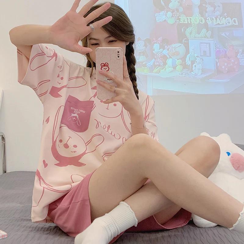 Summer Woman Pajama Cotton Cartoon Sleepwear Orange Cartoon Printing Pyjamas Set Young Lady Shorts Pullover Lingeries
