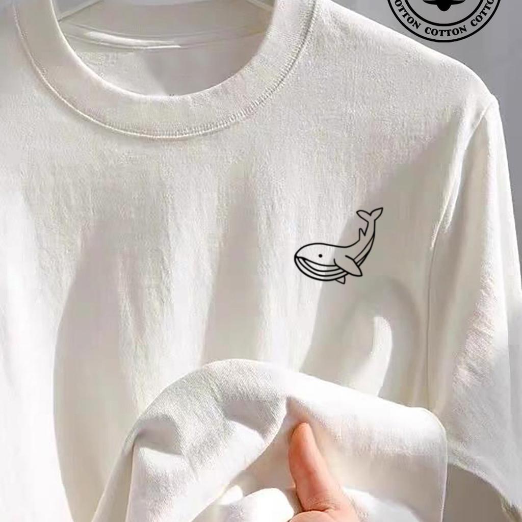 Men's Summer 100 Cotton Fashionable Casual Sports Loose Large Whale Pattern Printed Round Neck Short Sleeve T-shirt Top T Shirt