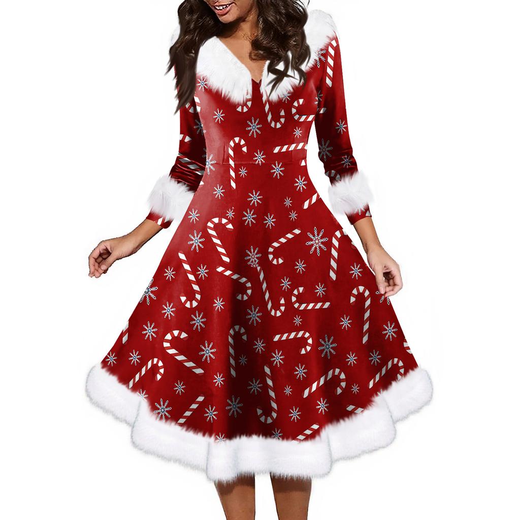 Women's Fashion V-neck Casual Fit Christmas Print Party Long Sleeve Dress