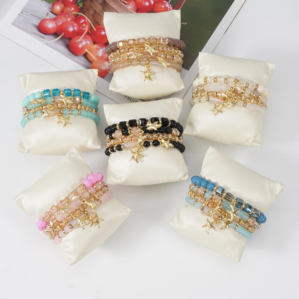 Bohemian Starfish Pendant Beaded Bracelets, 4 Pack, Beach Summer Jewelry, Handmade Stretch Bangle, for Women Gift