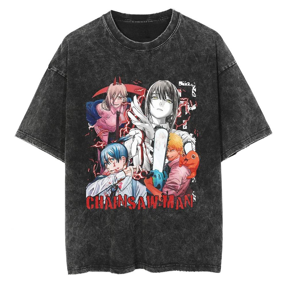 Unisex Oversized T-Shirt Chainsaw Man Japanese Manga Short-Sleeved Tees Retro Washed Cotton Heavy Tops for Men Women