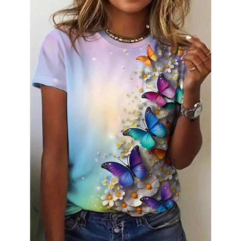 3D Floral & Butterfly Print Casual Round Neck Short Sleeve T-Shirt For Women, Summer