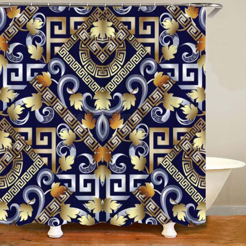 Geometric Grecian Key Meander Mandala Pattern Shower Curtain And Rug Set Abstract Geometric Bathroom Mats Rugs Toilet Decor Mat