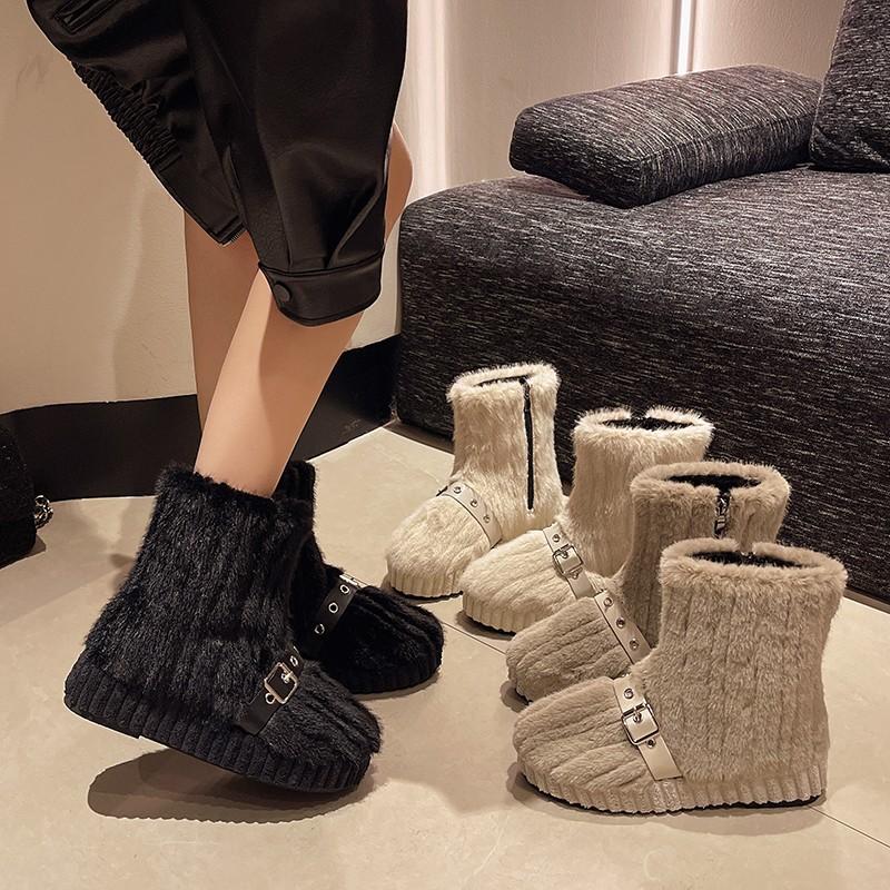 Fashion hairy side zipper thick-soled snow boots winter warm velvet belt buckle casual short boots tide
