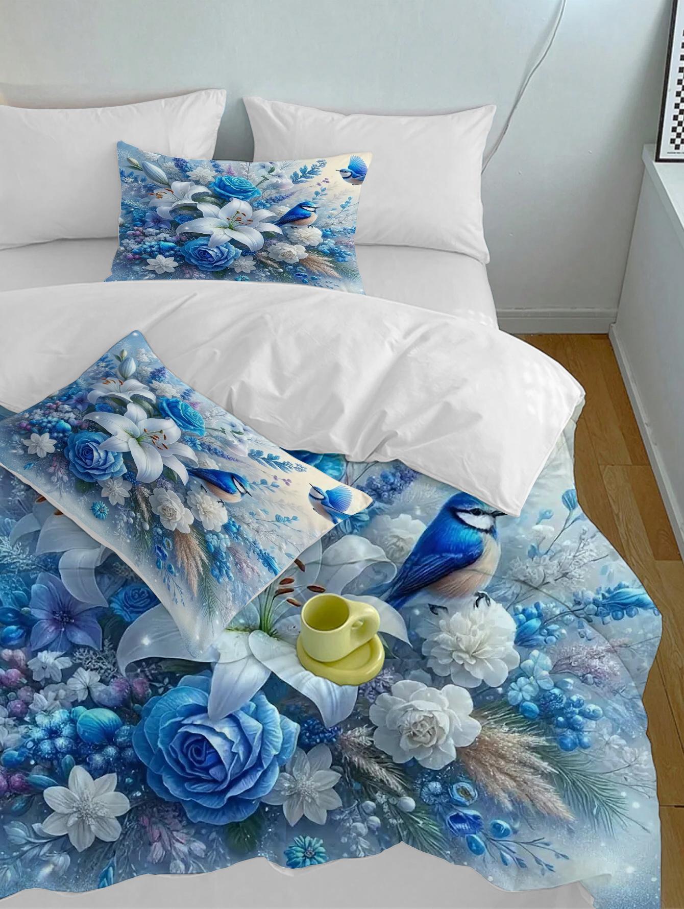 

Bluebird Lily Flower Pattern 3D Printed Down Duvet Cover Set Soft And Comfortable Bedding Set Flower Style Quilt Cover Pillowcas 135x200cm 2pcs