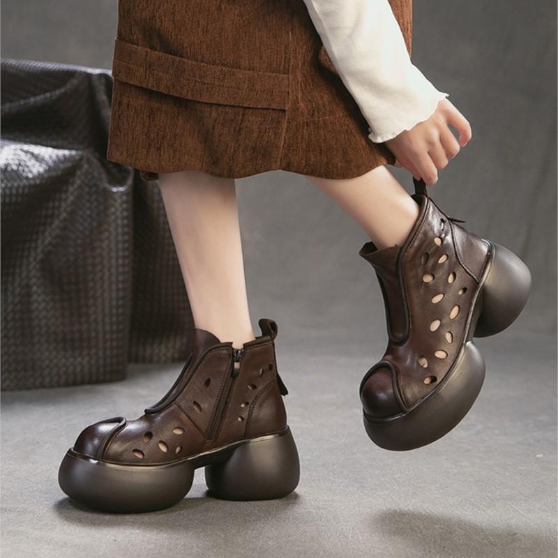 Johnature Genuine Leather Round Toe Hollow-out Thick Soled Boots Retro High Heels Women's Platform Shoes
