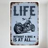 Vintage Light Blue Metal Tin Sign with Rust Patches, 'LIFE' & Black Chopper Motorcycle Art, for Man Cave Bar Home Decor, Hanging