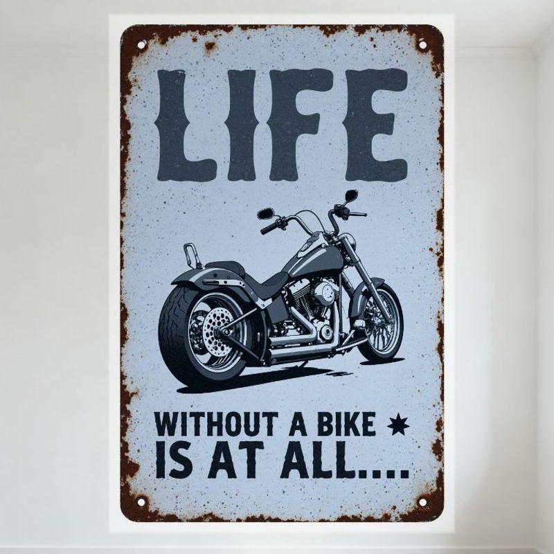 

Vintage Light Blue Metal Tin Sign with Rust Patches, LIFE & Black Chopper Motorcycle Art, for Man Cave Bar Home Decor, Hanging 20x30cm（7.8x11.8inch）
