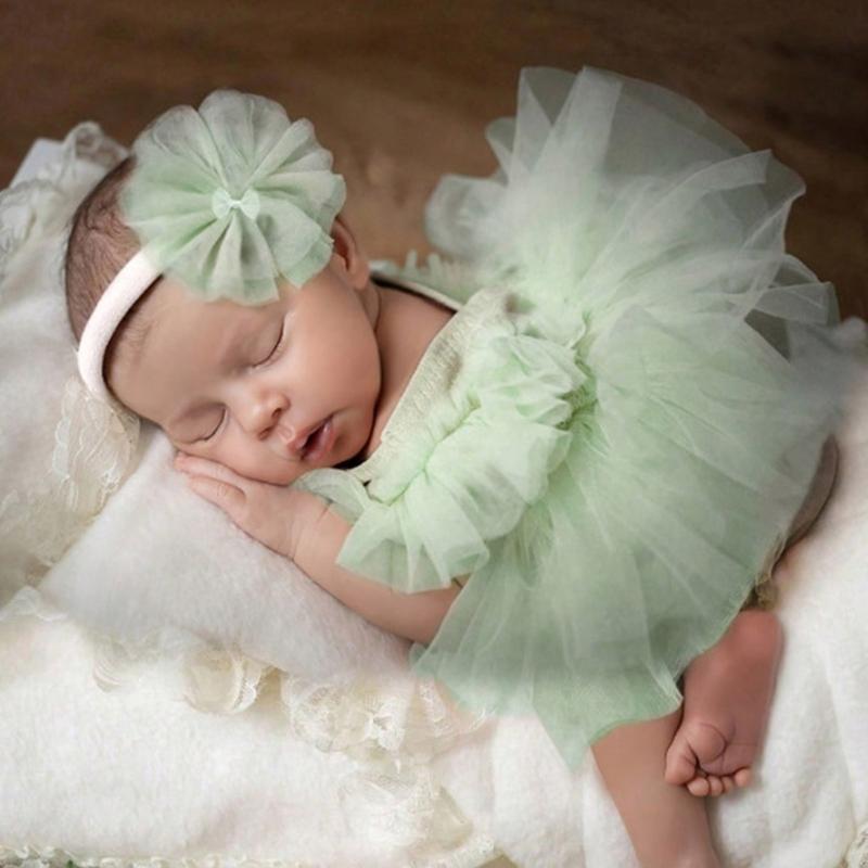 1 Set Photography Outfit for Infant Girls Breathable Romper Dress and Delicate Lace Headband Props for Newborns