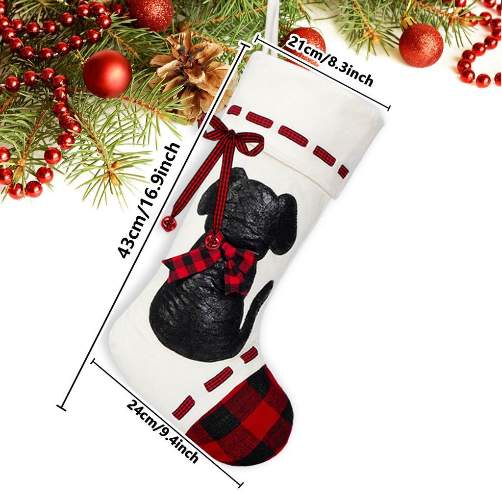 1PCS Polyester Christmas Socks with Black Cat Dog Design Creative Hanging Gift Pouch for Candy Tree Decor Household Supplies