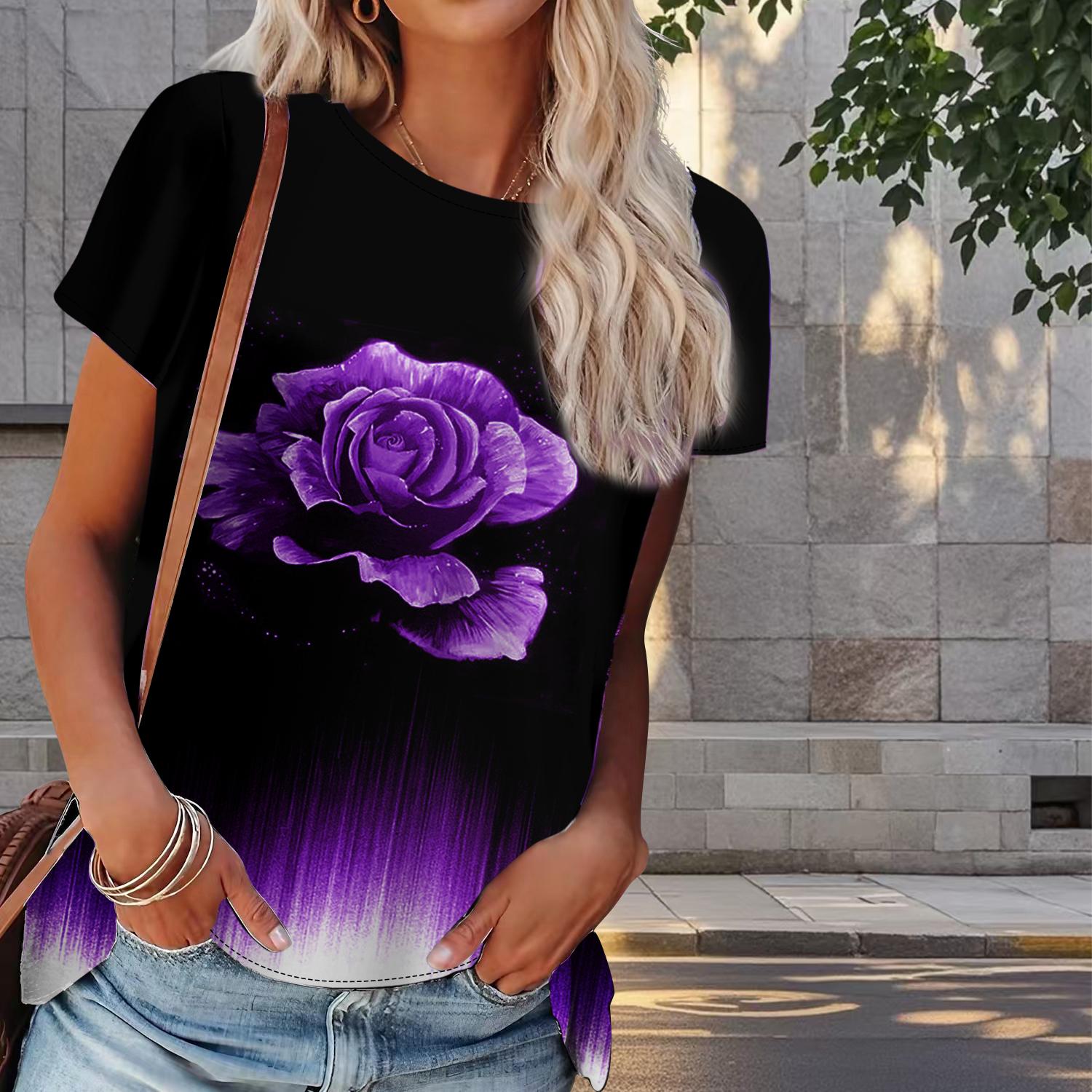 

Женская летняя футболка с цветочным принтом в стиле ретро, футболки с коротким рукавом, повседневные топы с принтом M фиолетовый