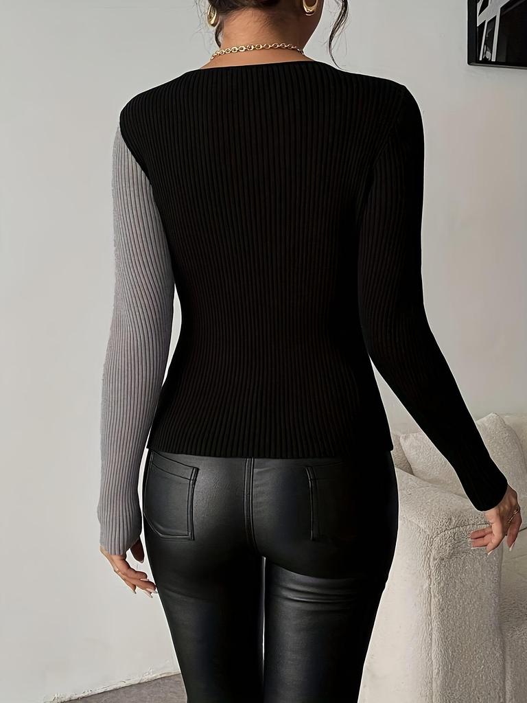 European and American Color-Block Design Slim Fit Long Sleeve Knitwear for Women