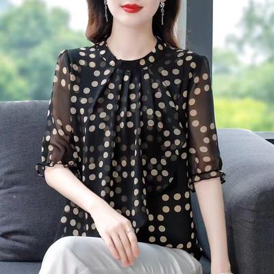Summer Women's Clothing Fashion Polka Dot Round Neck Shirt Female Casual Short Sleeve Blouse Plus Size