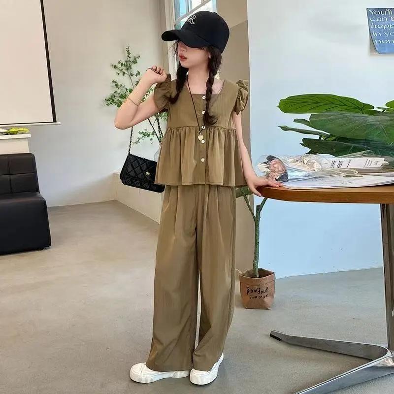 

Летний костюм для девочек из двух частей: жилет, рукава-крылышки, брюки, костюм для девочек 160 кофейный