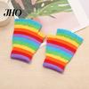 Women Gloves 1 Pair Students Half Finger Knitted Colorful Rainbow Stripe Stretchy Comfortable Ladies Keep Warm Super Soft Autumn Winter Writing Gaming