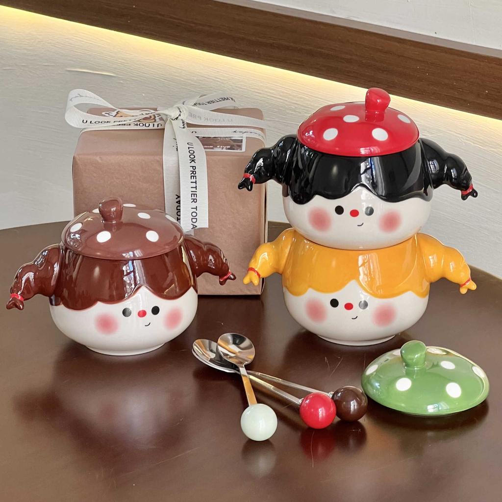 Hochwertiger geflochtener süßer Keramiktasse für kleine Mädchen mit Deckel Löffel Paar Frühstück Kaffeetasse Büro Wasserbecher