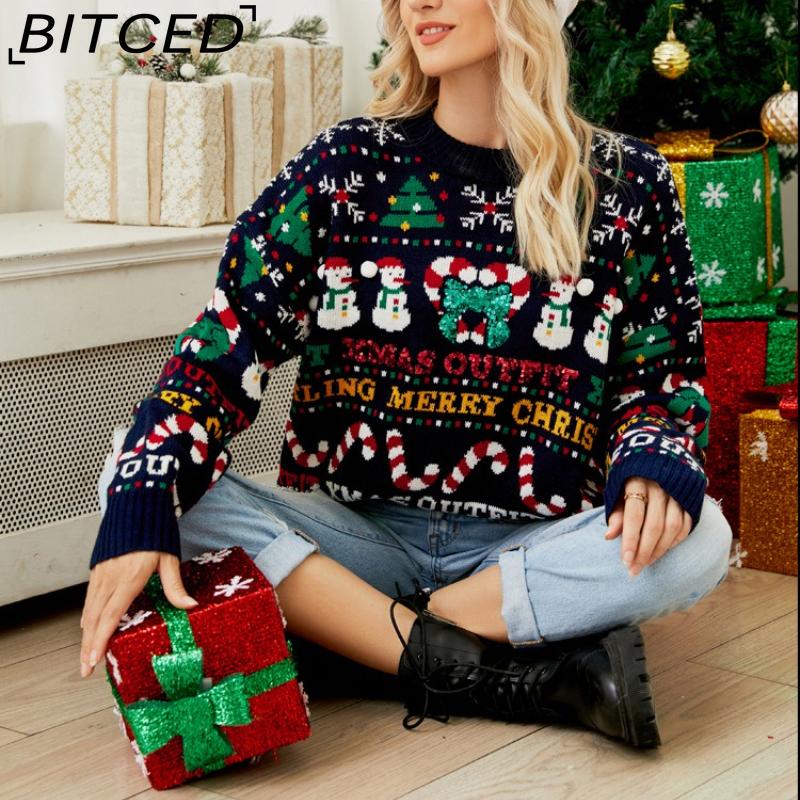 BITCED Oversized Knit Sweater Fall/Winter Christmas Tree O-Neck Sweater Little Snowman Sequined Christmas Sweater