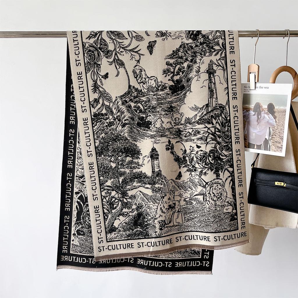 Autumn Winter Women Imitation Cashmere Scarf Korean Vintage Printed Letters Luxury Warm Thickened Neck Scarves Bandana Pashmina