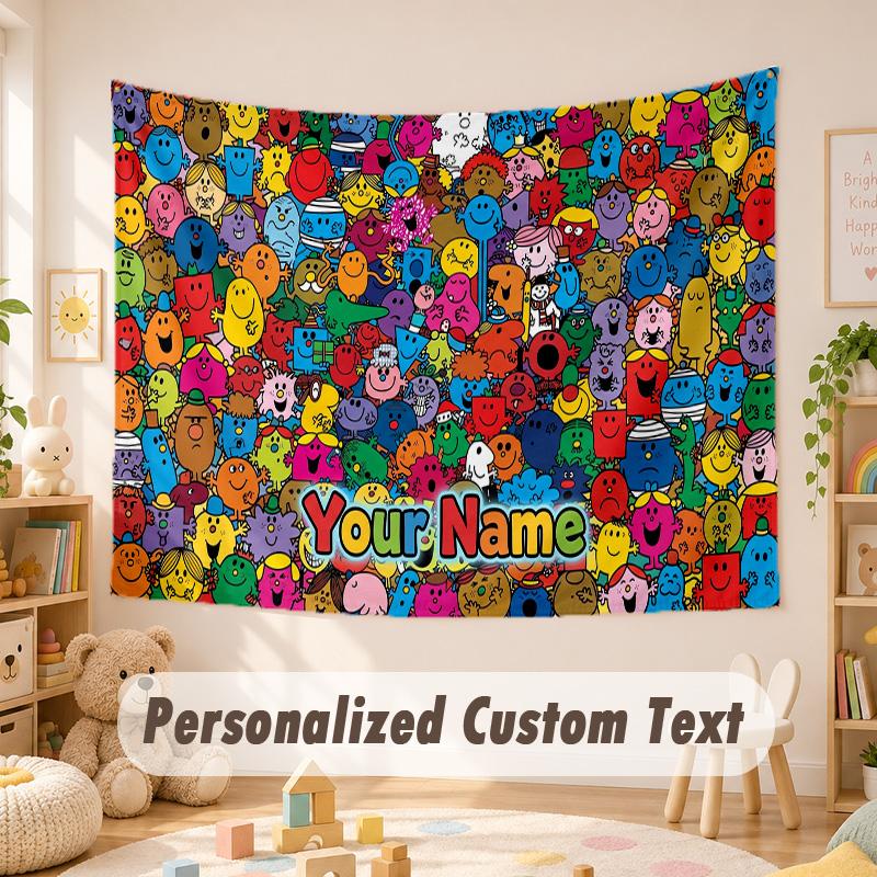 Custom Name Text Tapestry,Mr. Men & Little Miss Boho Wall Hanging, Decorative Backdrop Tapestry For Room