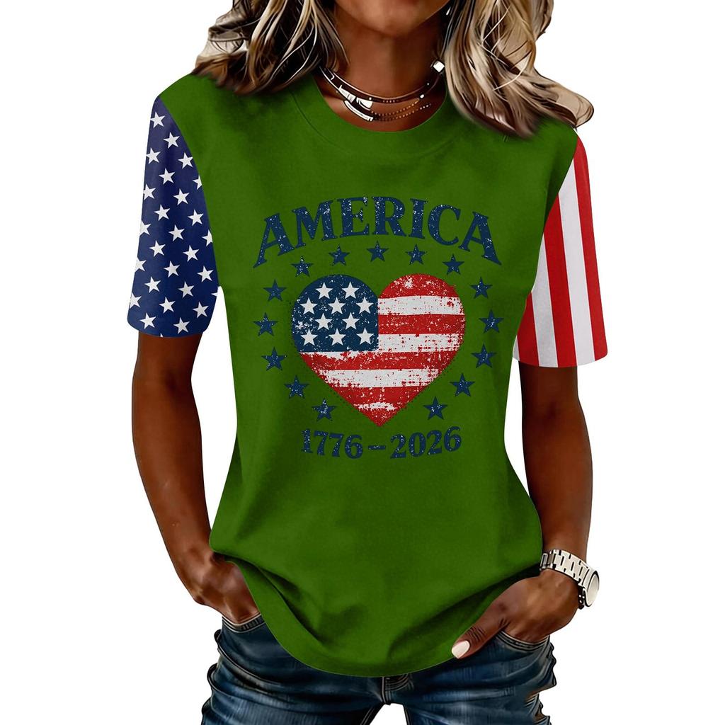 Blusa Feminina da Moda Casual de Manga Curta com Estampa e Gola Redonda