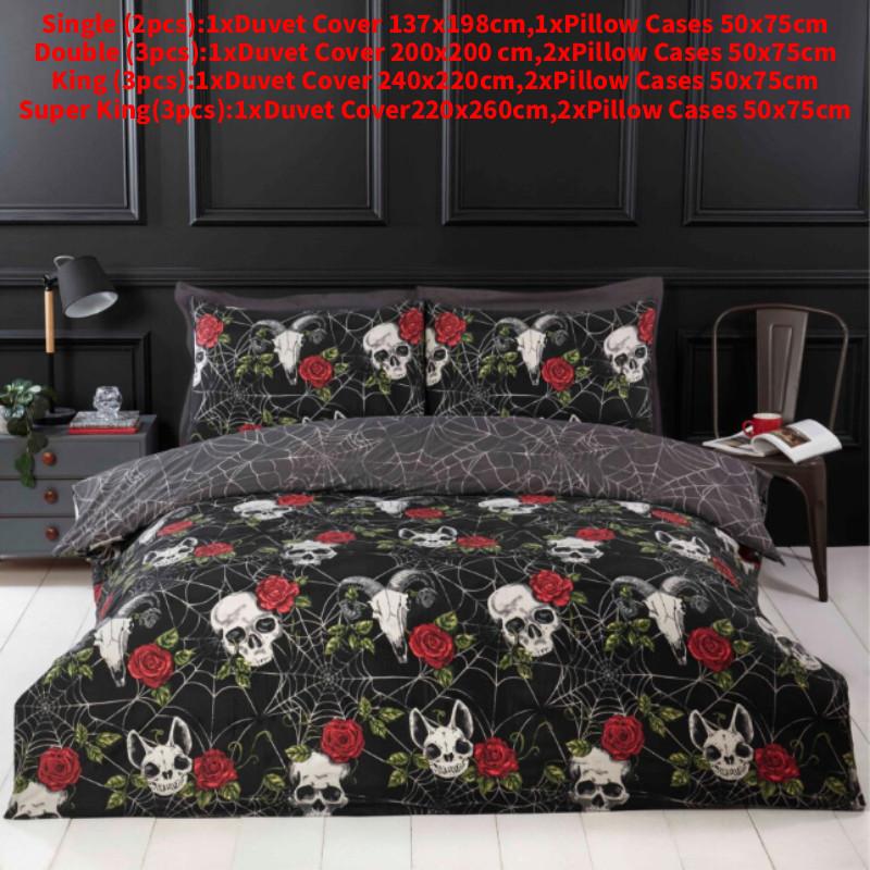 

Reversible Skulls Roses Duvet Cover Set Spider Web Halloween Supplies Bedding Single(137x198cm)