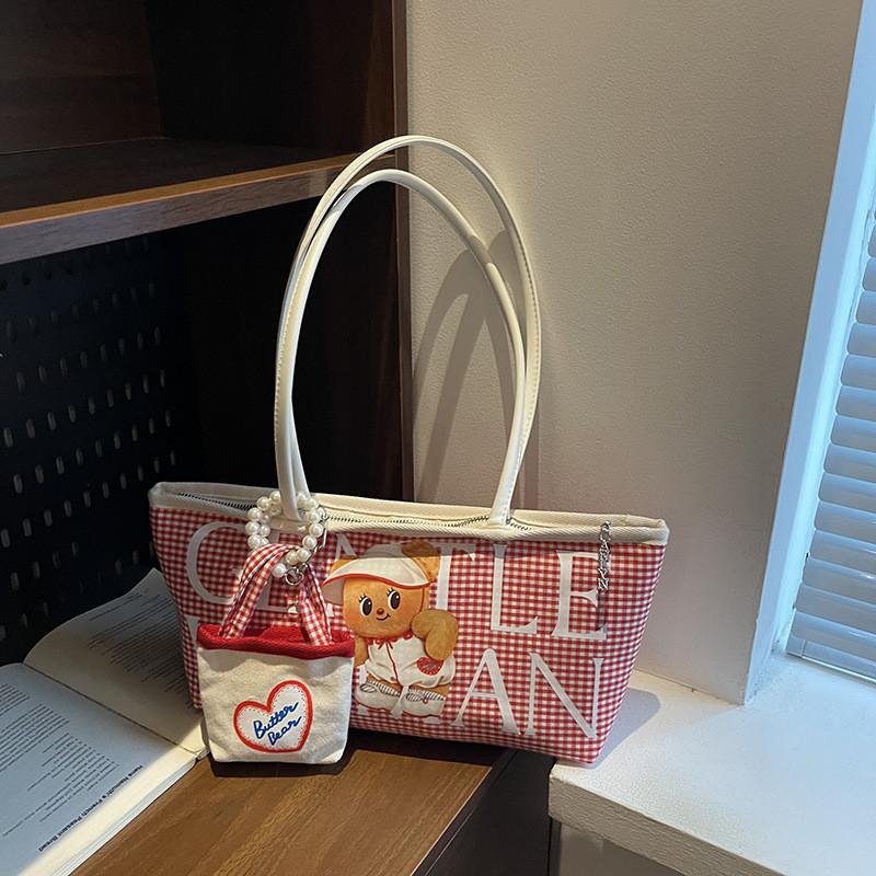 Small Bear Letter Bag Women Large Canvas Casual Commuting Bag For School And Work