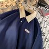 Men's Japanese Oversized Navy Blue Lapel Polo Shirt - Long-Sleeved, Lightweight Summer Sweater, Unisex Design