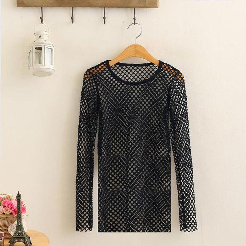

Fashion Style Summer New Large Mesh Long Sleeves T-shirt Long Sleeve Long Sleeves Slim Looking Cut Out Easiest for Match Dance Casual Bottoming Blouse Black L