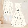 Women Plus Size Off White Printed Two Piece Set Sleeveless Round Neck Tie Waist Flare Dress And Long Sleeve Open Cardigan
