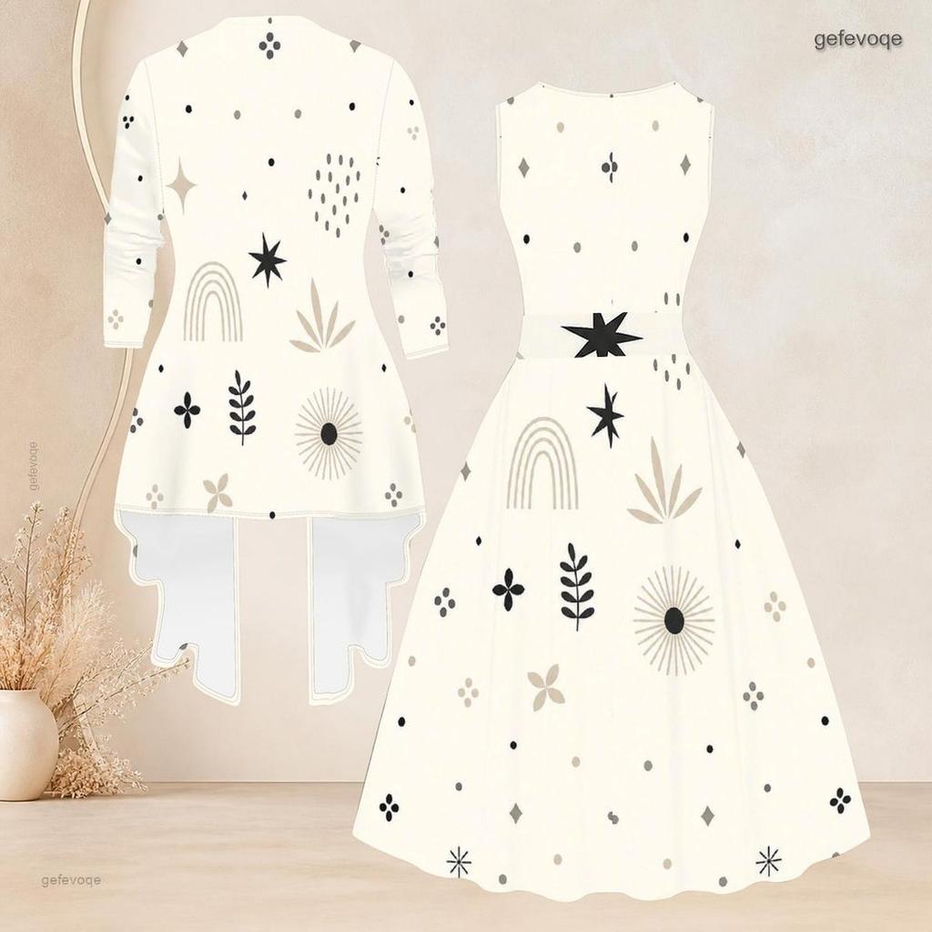 Women Plus Size Off White Printed Two Piece Set Sleeveless Round Neck Tie Waist Flare Dress And Long Sleeve Open Cardigan